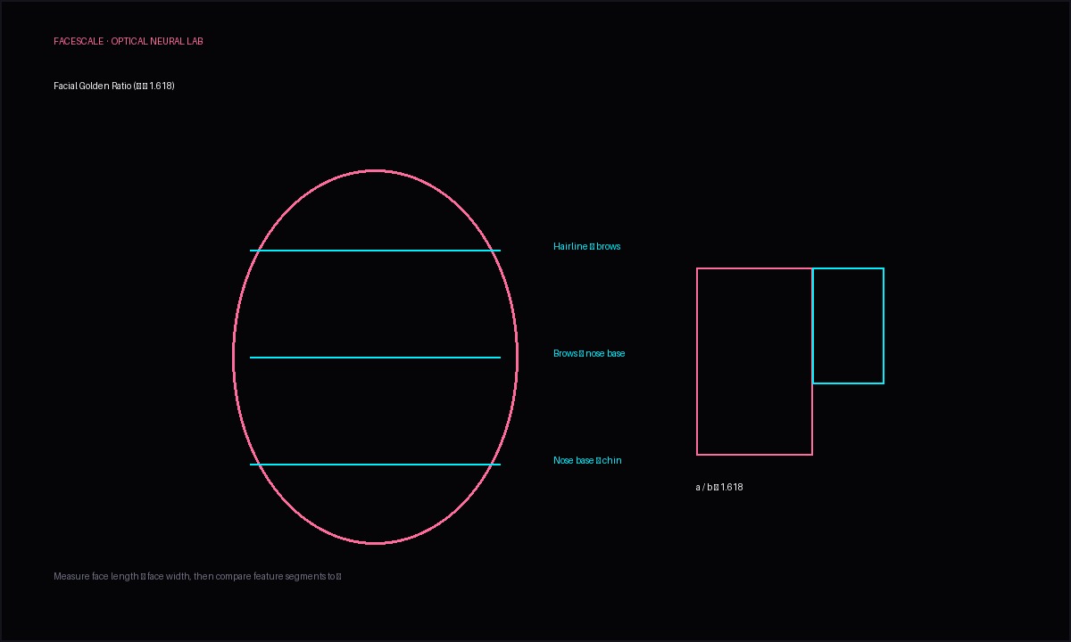 Diagram of facial golden ratio showing face oval thirds and phi rectangle comparison on a FaceScale branded background