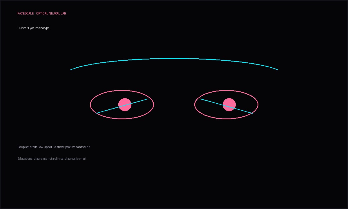 Diagram of hunter eyes phenotype showing deep-set orbits, brow ridge, and positive canthal tilt lines on a FaceScale branded background